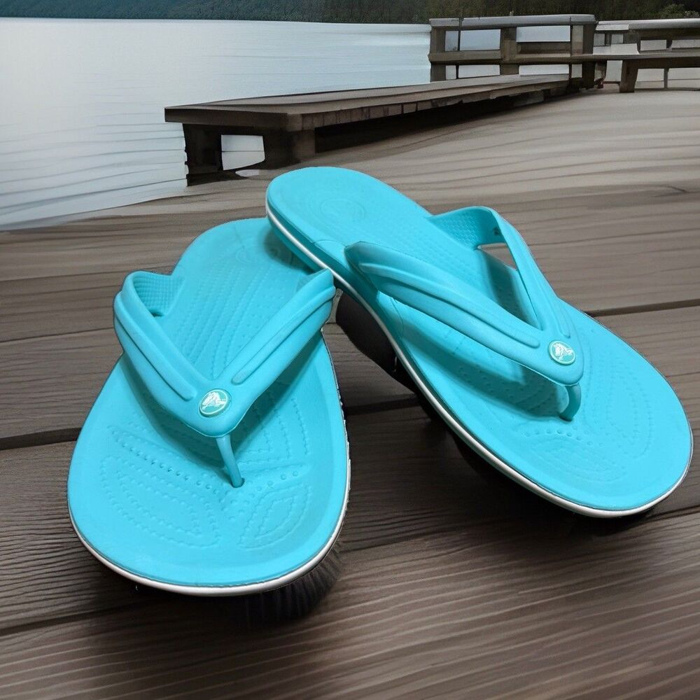 Crocs Crocband Flip Flop Sandal Aqua Blue w/ White Slip On 10W 8M